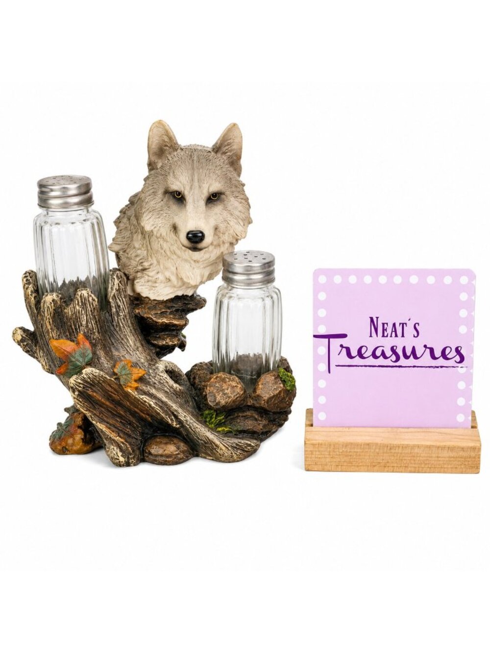 DWK 2011 Animal  Gray Wolf Leaves  Resin Holder w Salt And Pepper Shaker Set 3
